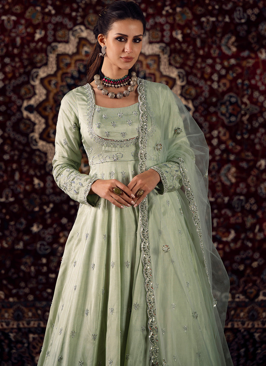 Soft Mint Embroidered Silk Anarkali - Lashkaraa