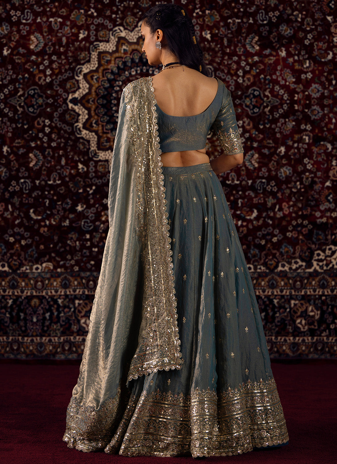 Dusty Blue Embroidered Satin Silk Lehenga - Lashkaraa