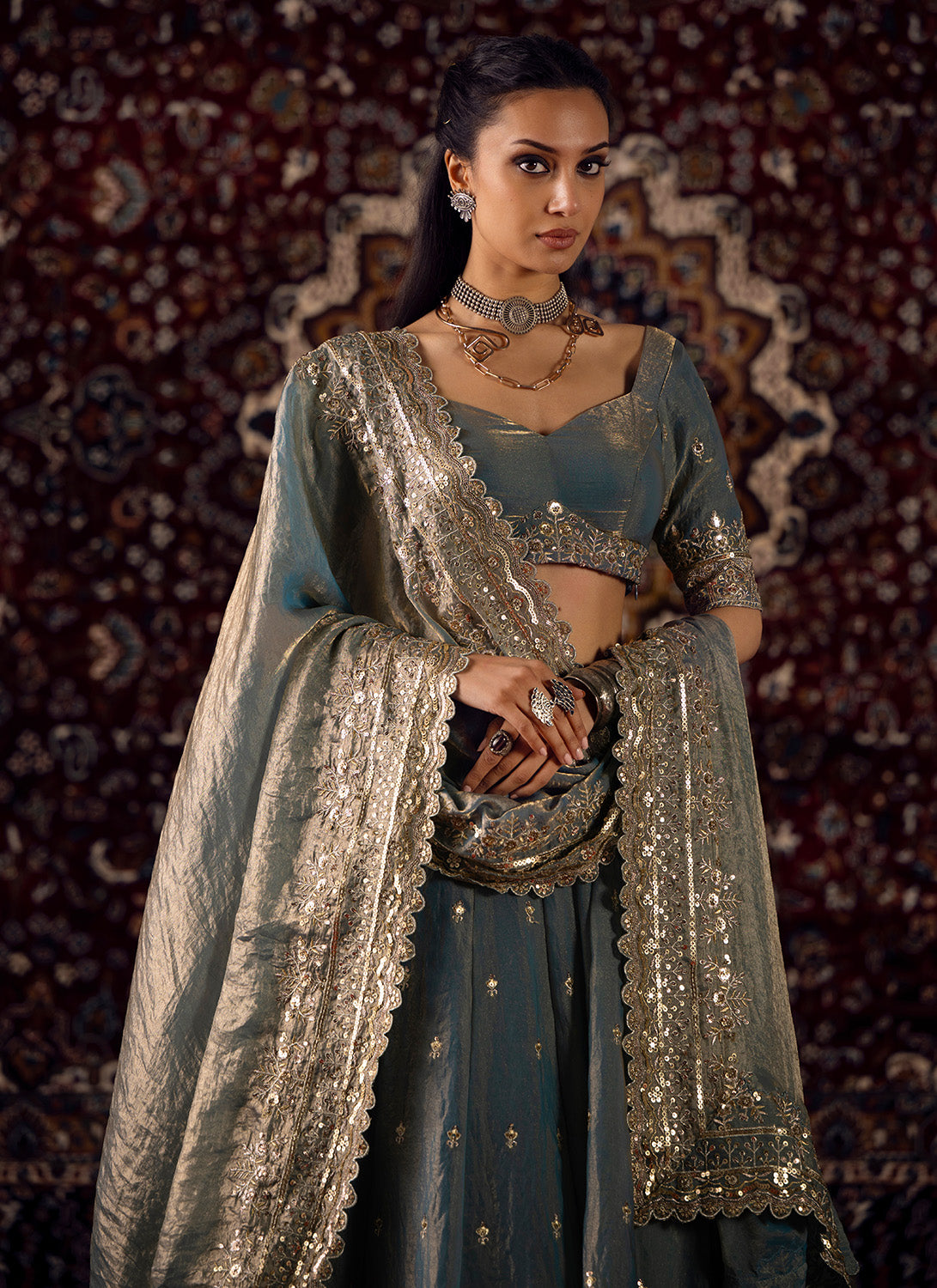 Dusty Blue Embroidered Satin Silk Lehenga - Lashkaraa