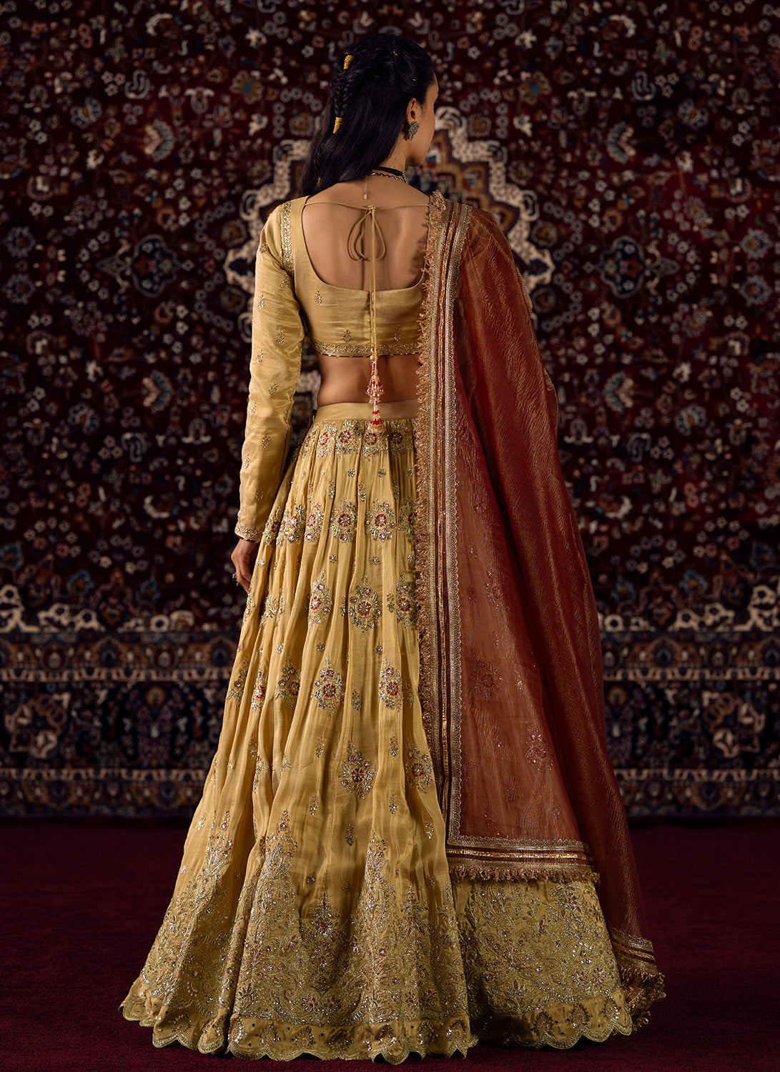 Gold and Maroon Embroidered Viscose Silk Lehenga - Lashkaraa