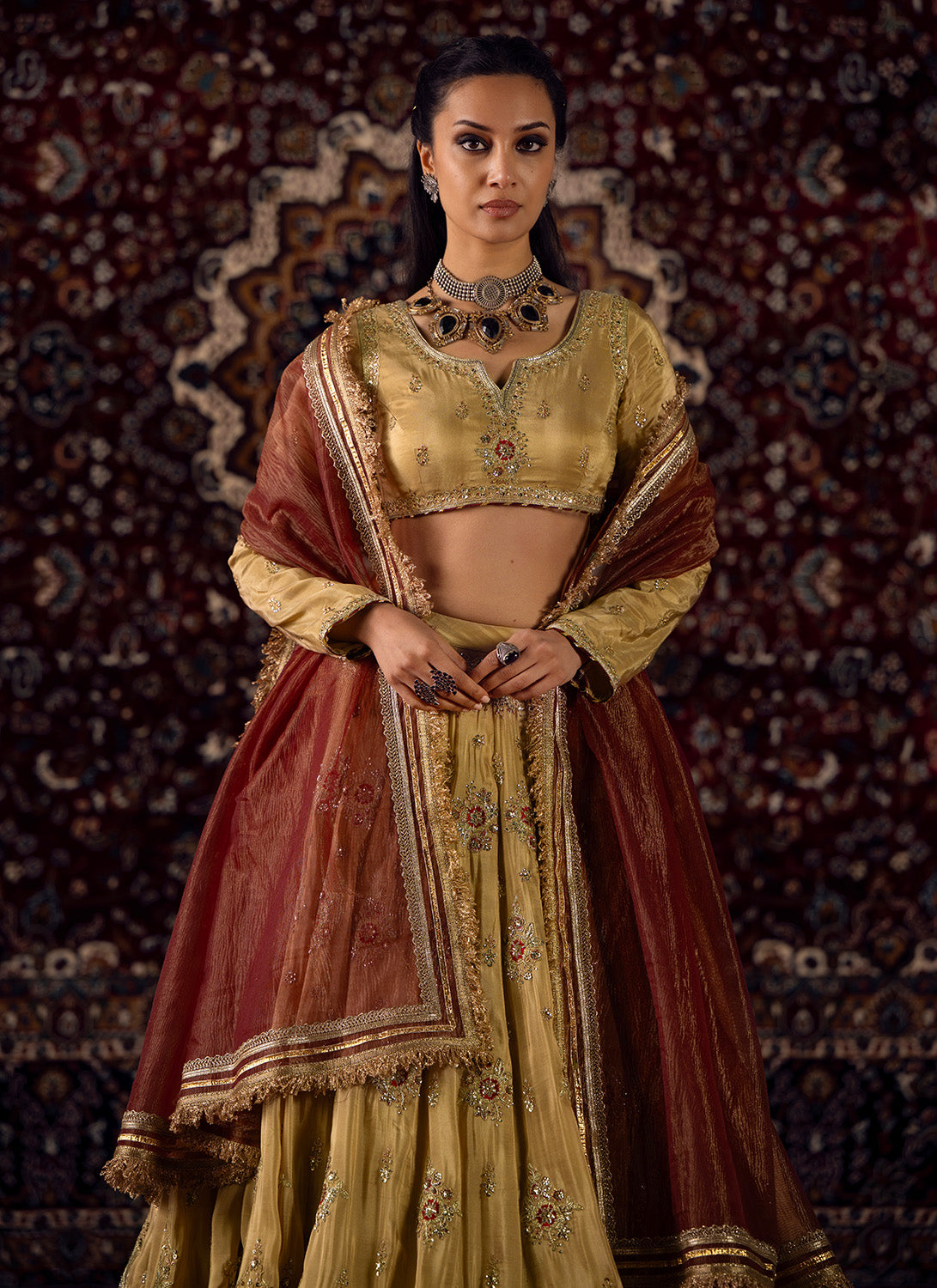 Gold and Maroon Embroidered Viscose Silk Lehenga - Lashkaraa