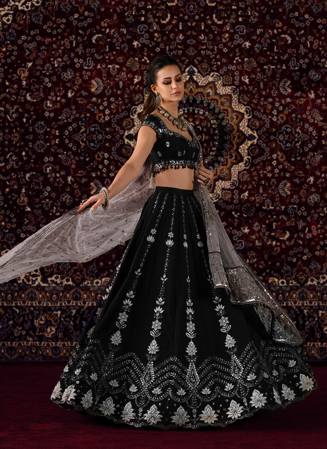 Black and White Embroidered Viscose Silk Lehenga - Lashkaraa