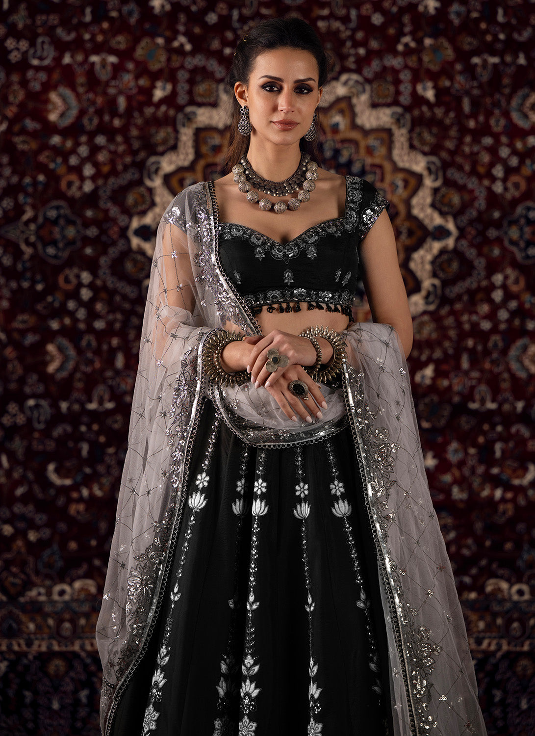 Black and White Embroidered Viscose Silk Lehenga - Lashkaraa