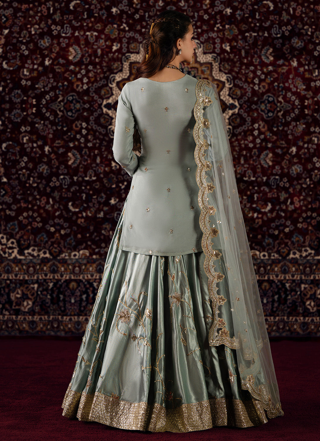 Mint Blue Embroidered Organza Kurti Style Lehenga - Lashkaraa