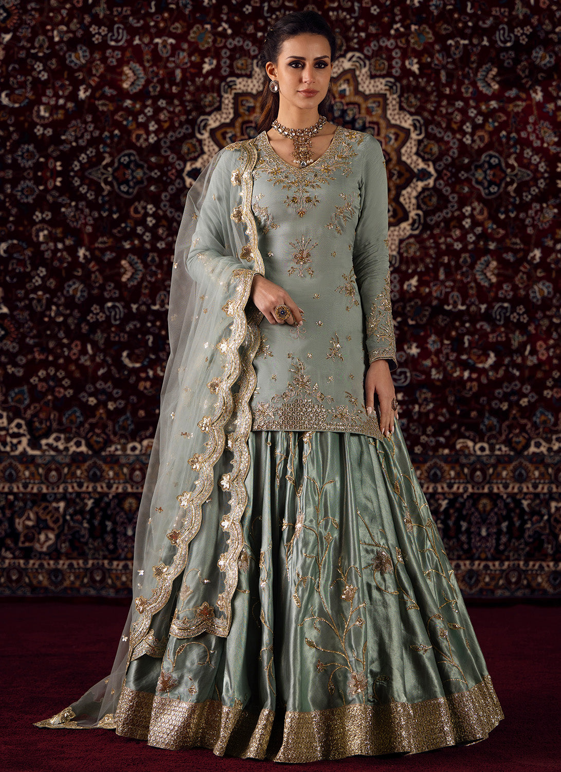 Mint Blue Embroidered Organza Kurti Style Lehenga