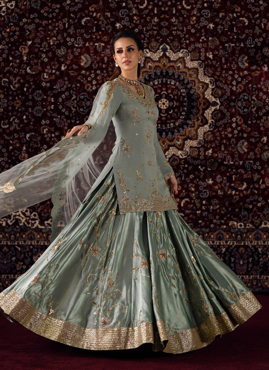 Mint Blue Embroidered Organza Kurti Style Lehenga - Lashkaraa