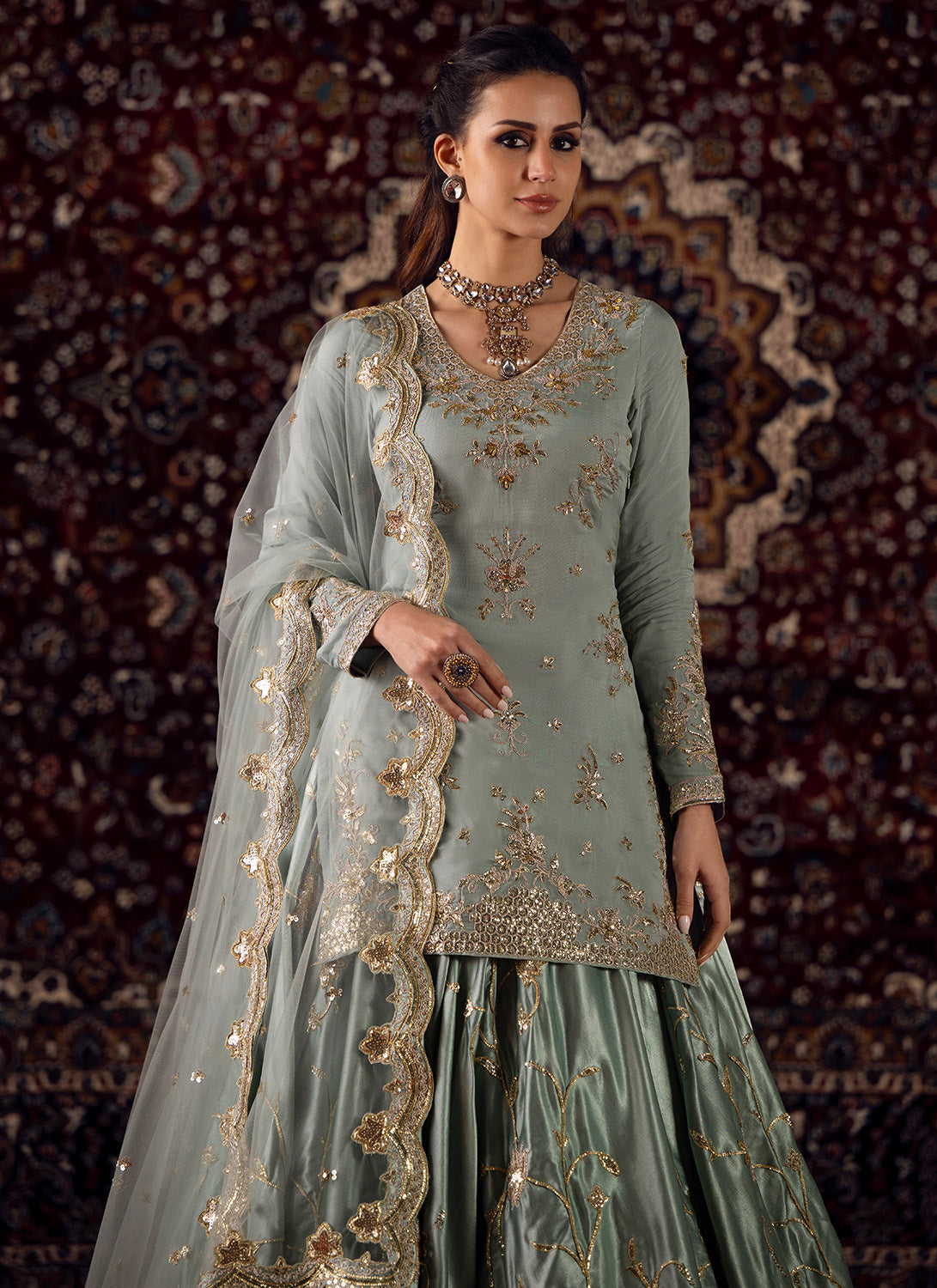 Mint Blue Embroidered Organza Kurti Style Lehenga - Lashkaraa
