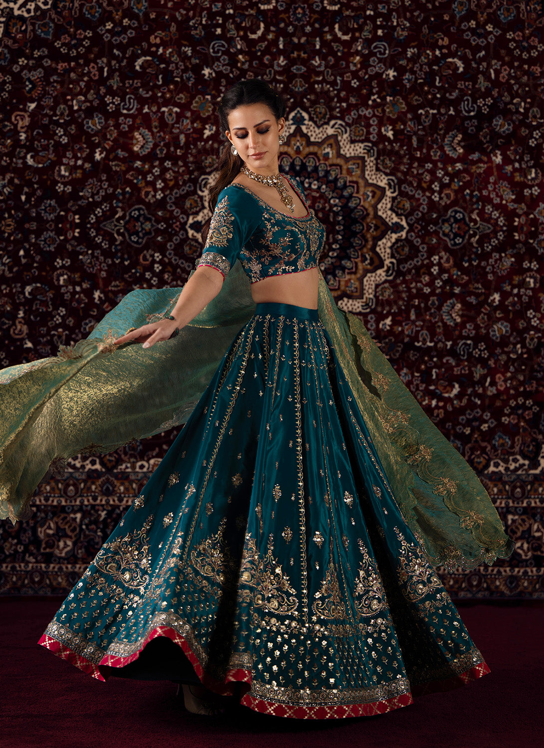 Teal Blue Embroidered Viscose Crepe Lehenga - Lashkaraa