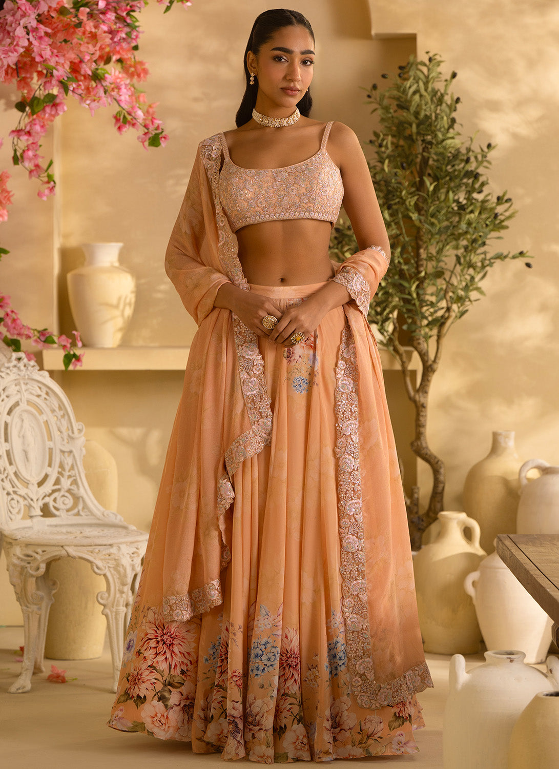 Golden Yellow Floral Embroidered Crepe Silk Lehenga
