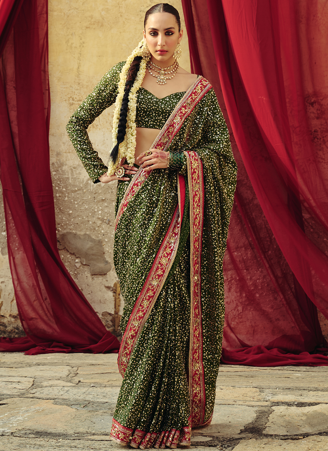 Green Embroidered Brocade Saree