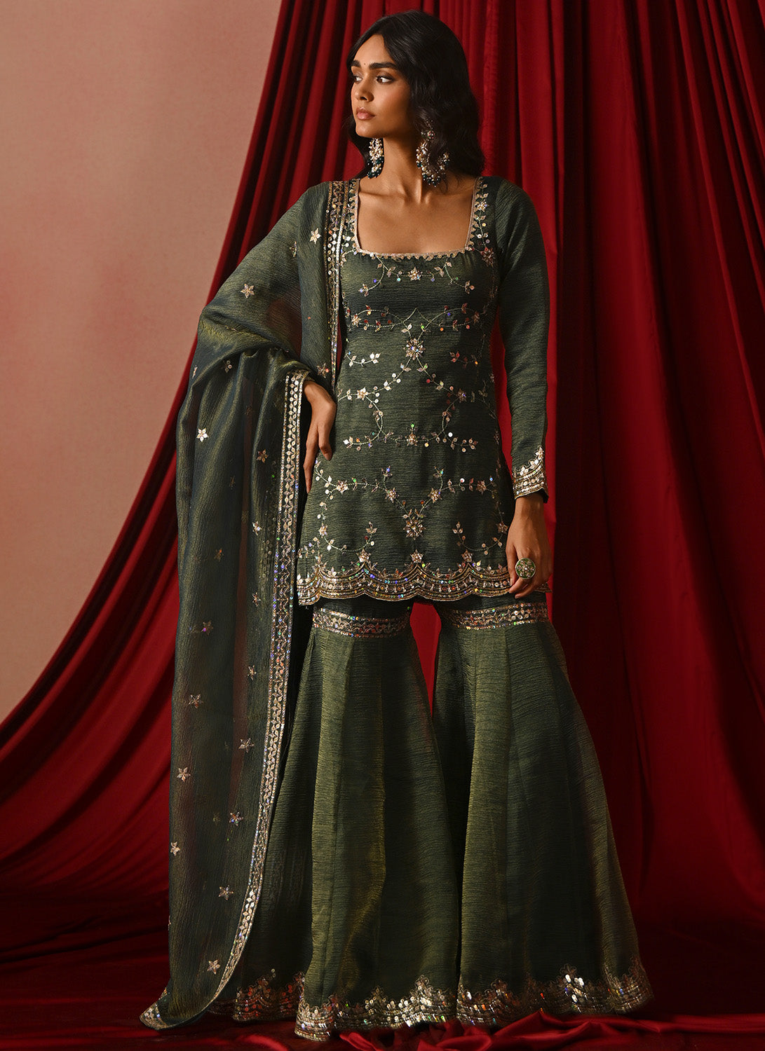Green Embroidered Tissue Gharara