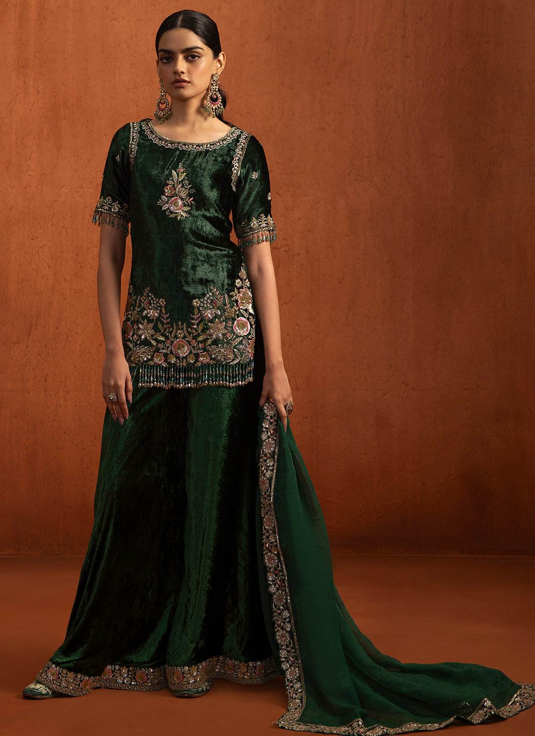 Green Embroidered Velvet Sharara Suit