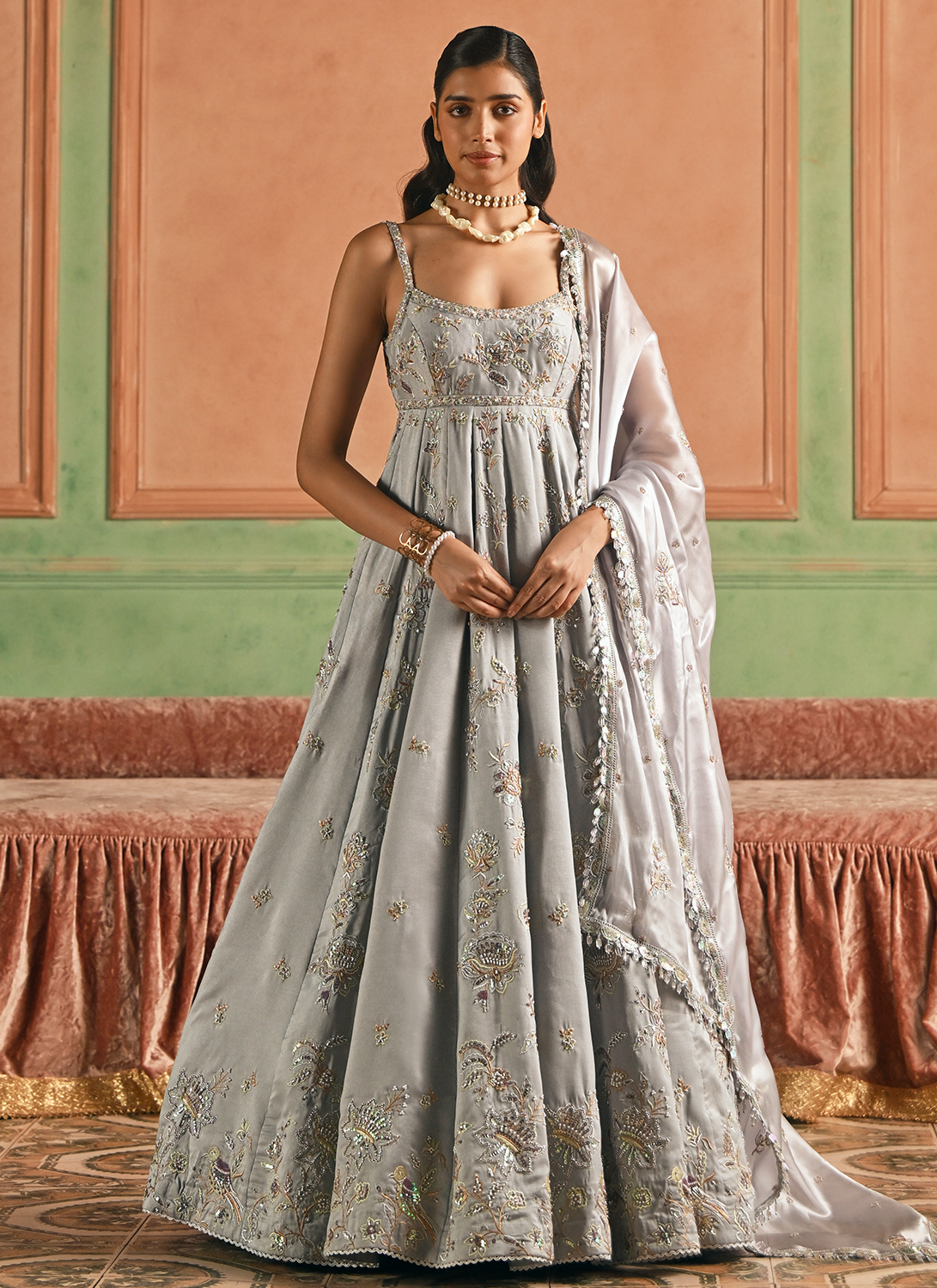 Grey Embroidered Silk Anarkali