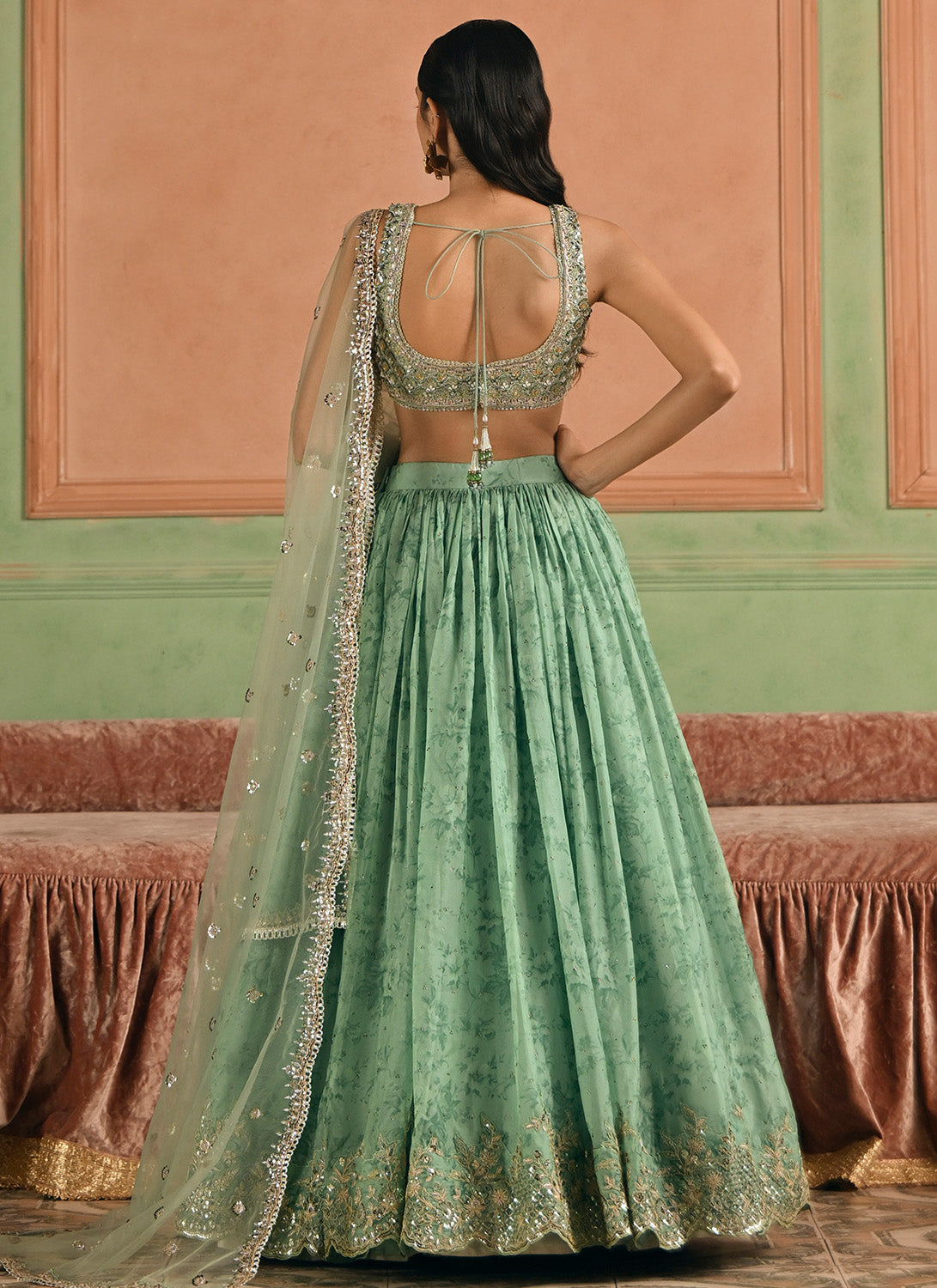 Green Embroidered Tissue Lehenga