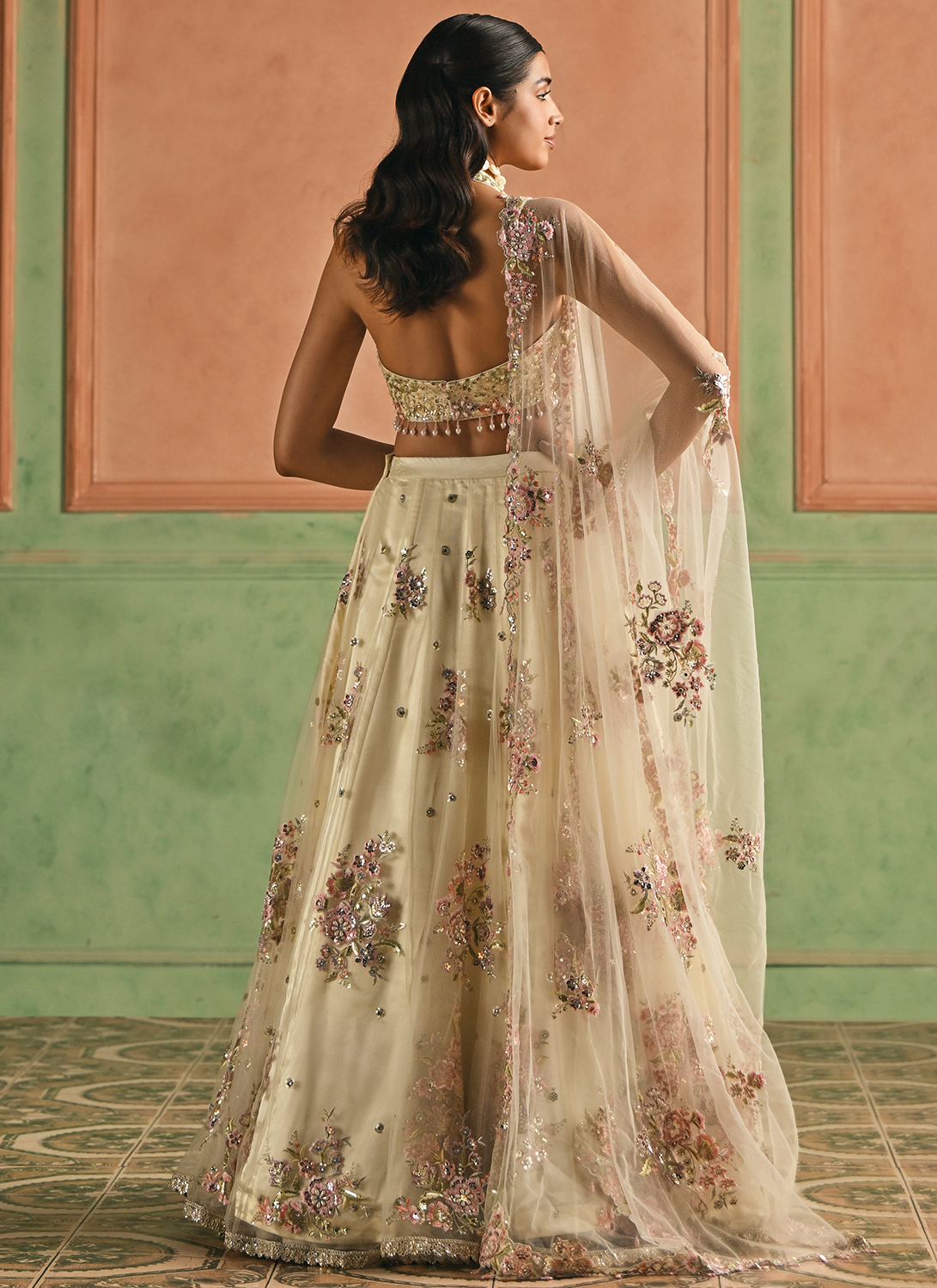 Ivory Embroidered Net Lehenga