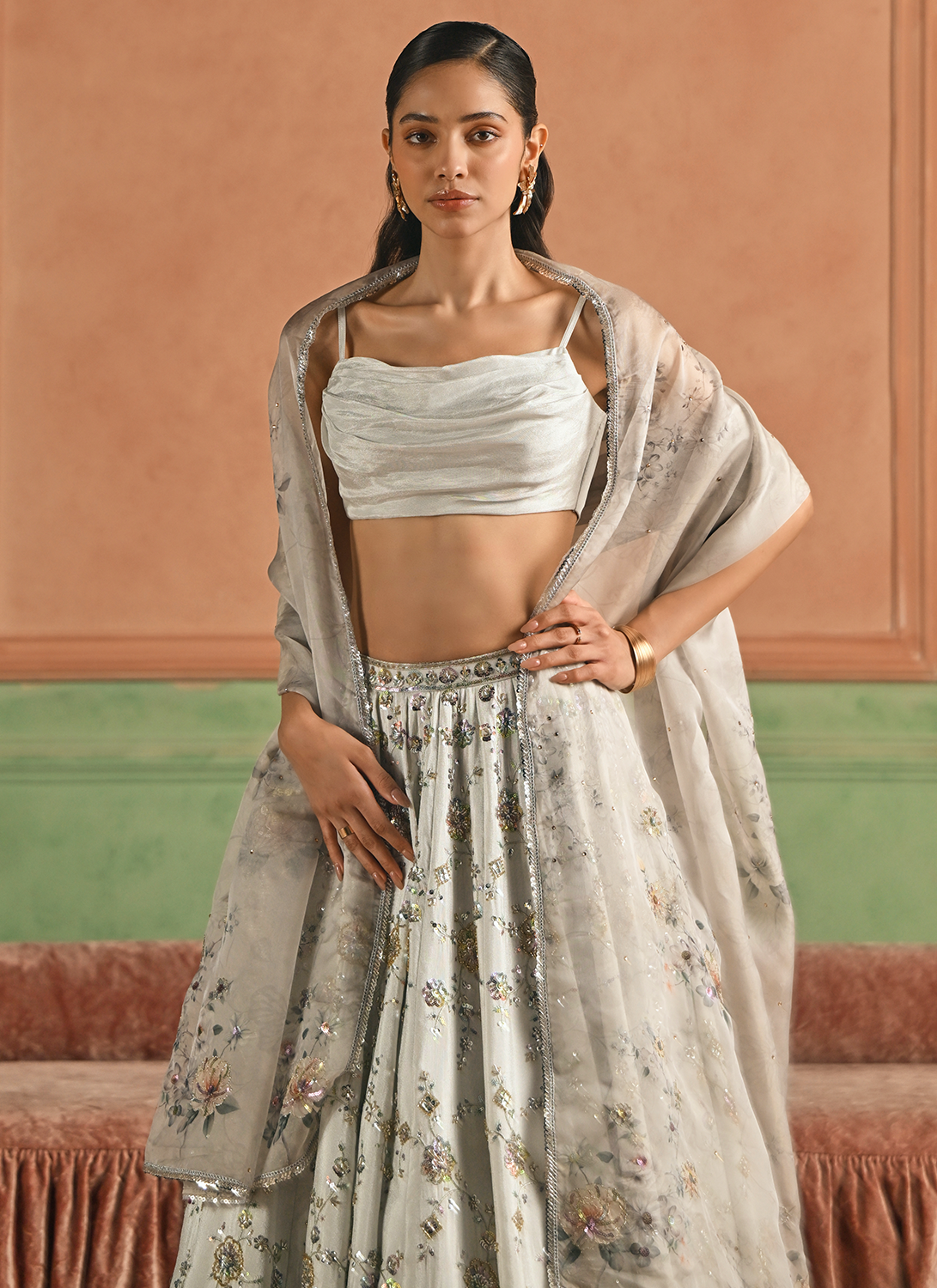 Grey Embroidered Beaded Lehenga