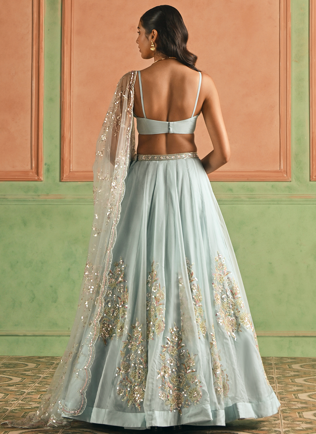 Light Blue Embroidered Organza Corset Style Lehenga