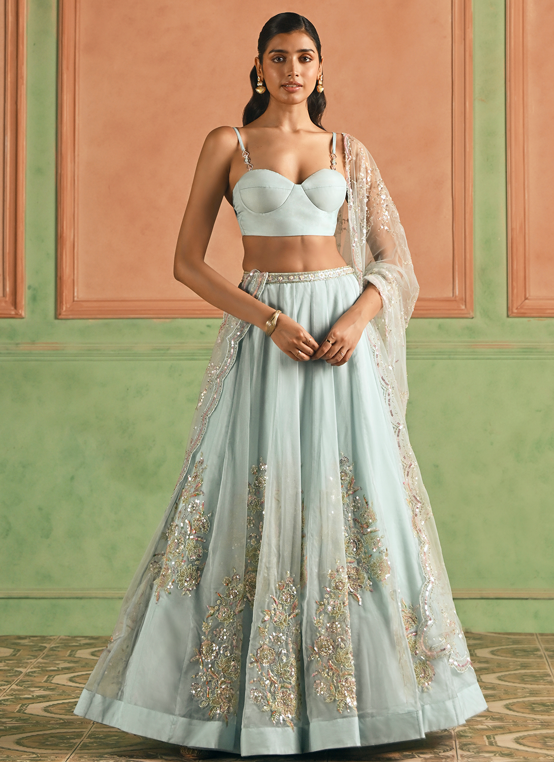 Light Blue Embroidered Organza Corset Style Lehenga