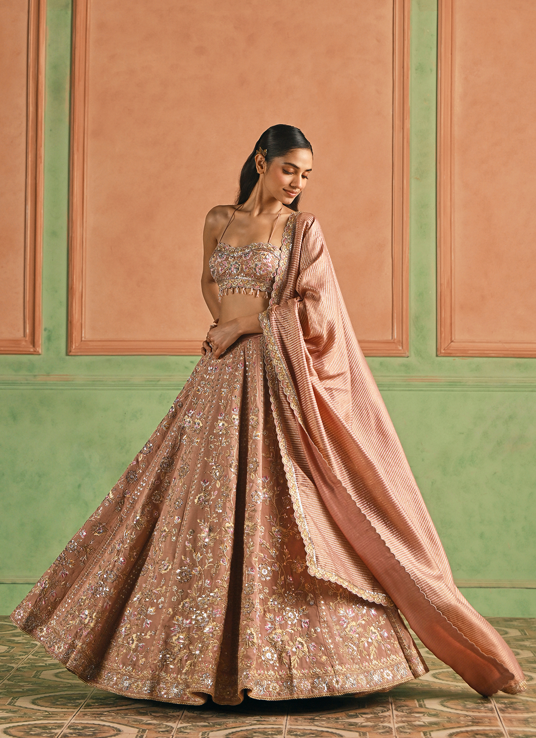 Dusty Pink Embroidered Silk Lehenga
