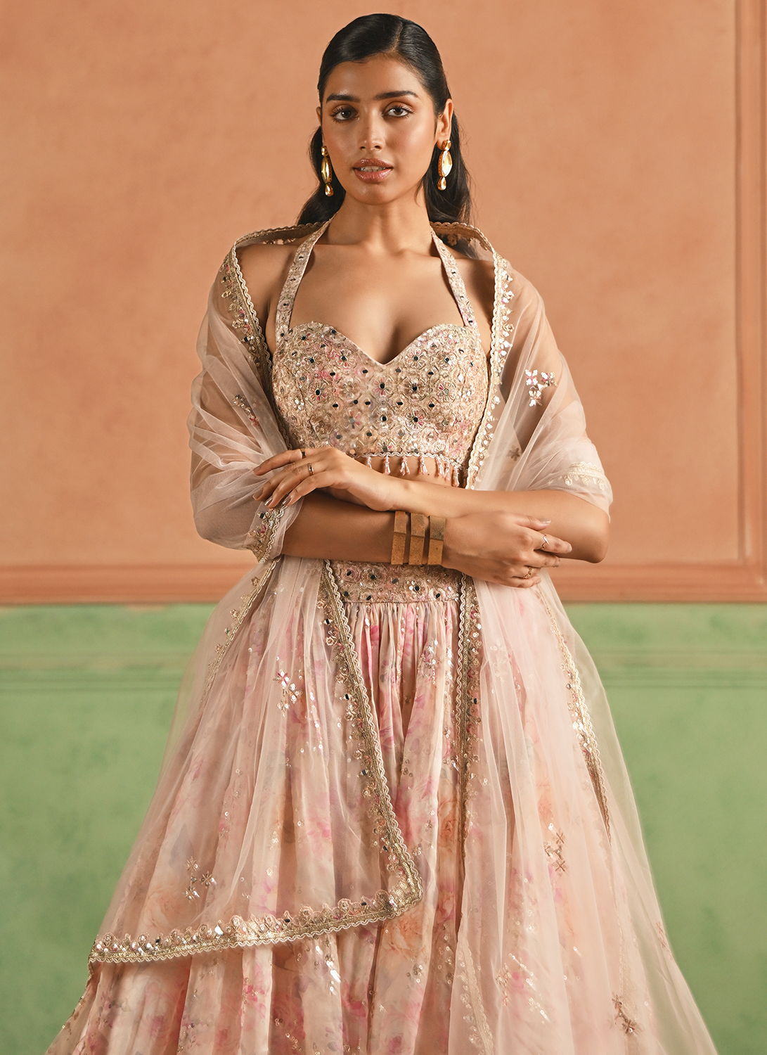 Pink Floral Embroidered Tissue Lehenga
