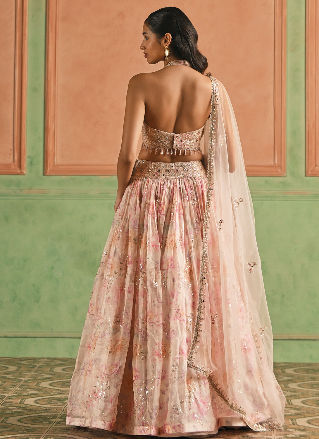 Pink Floral Embroidered Tissue Lehenga