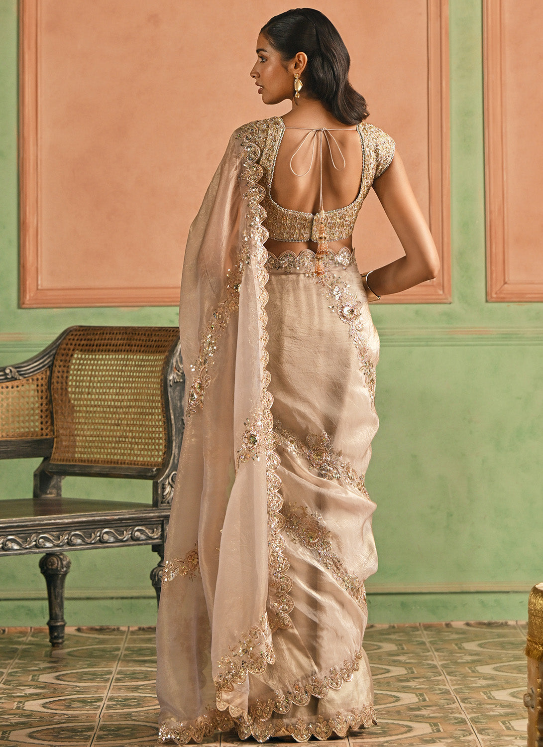 Nude Gold Embroidered Silk Saree