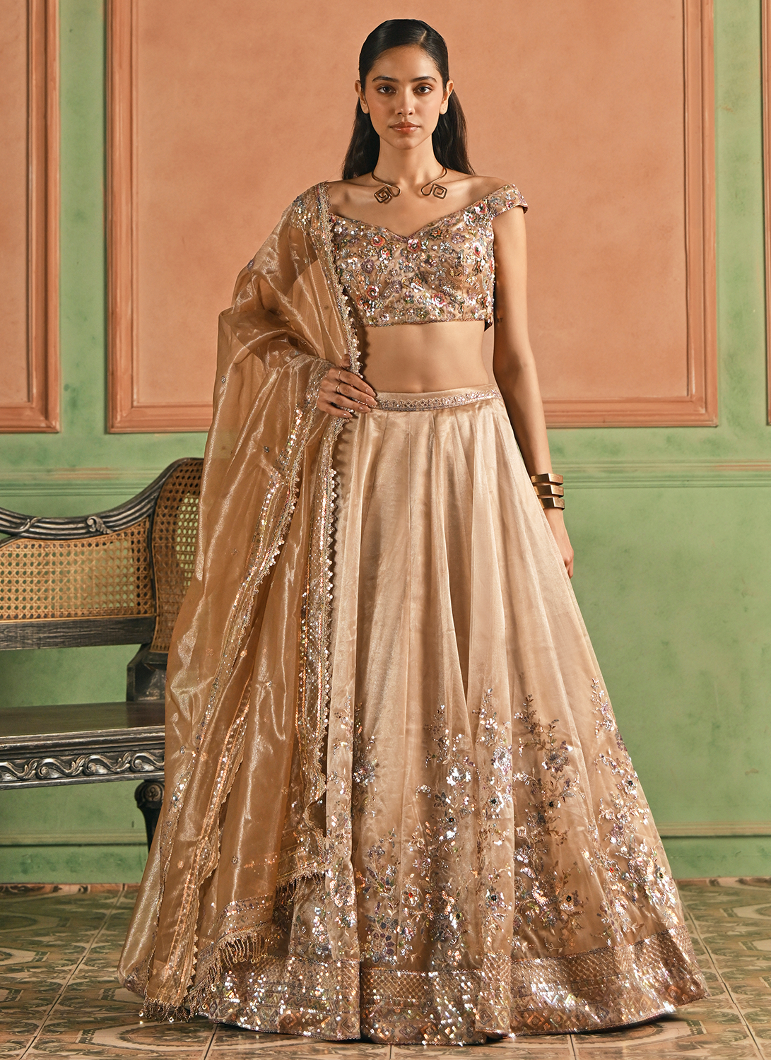 Golden Beige Embroidered Net Lehenga