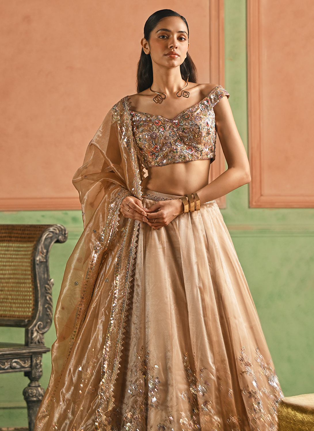 Golden Beige Embroidered Net Lehenga