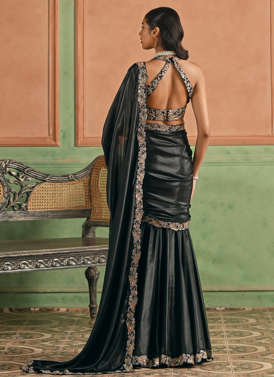 Black Embroidered Silk Saree