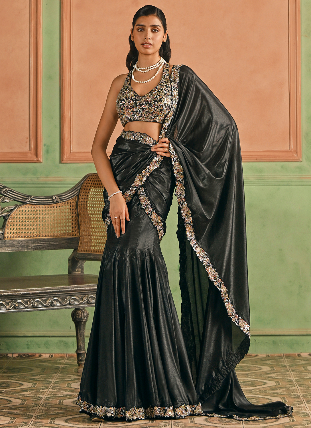 Black Embroidered Silk Saree