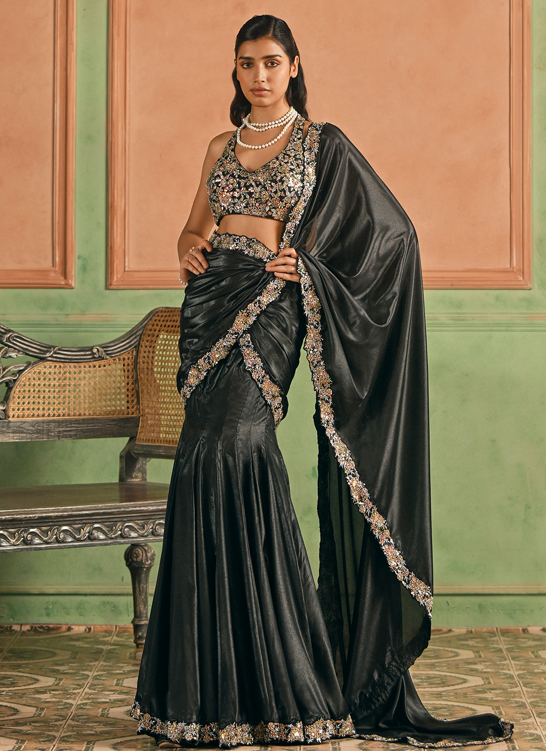 Black Embroidered Silk Saree
