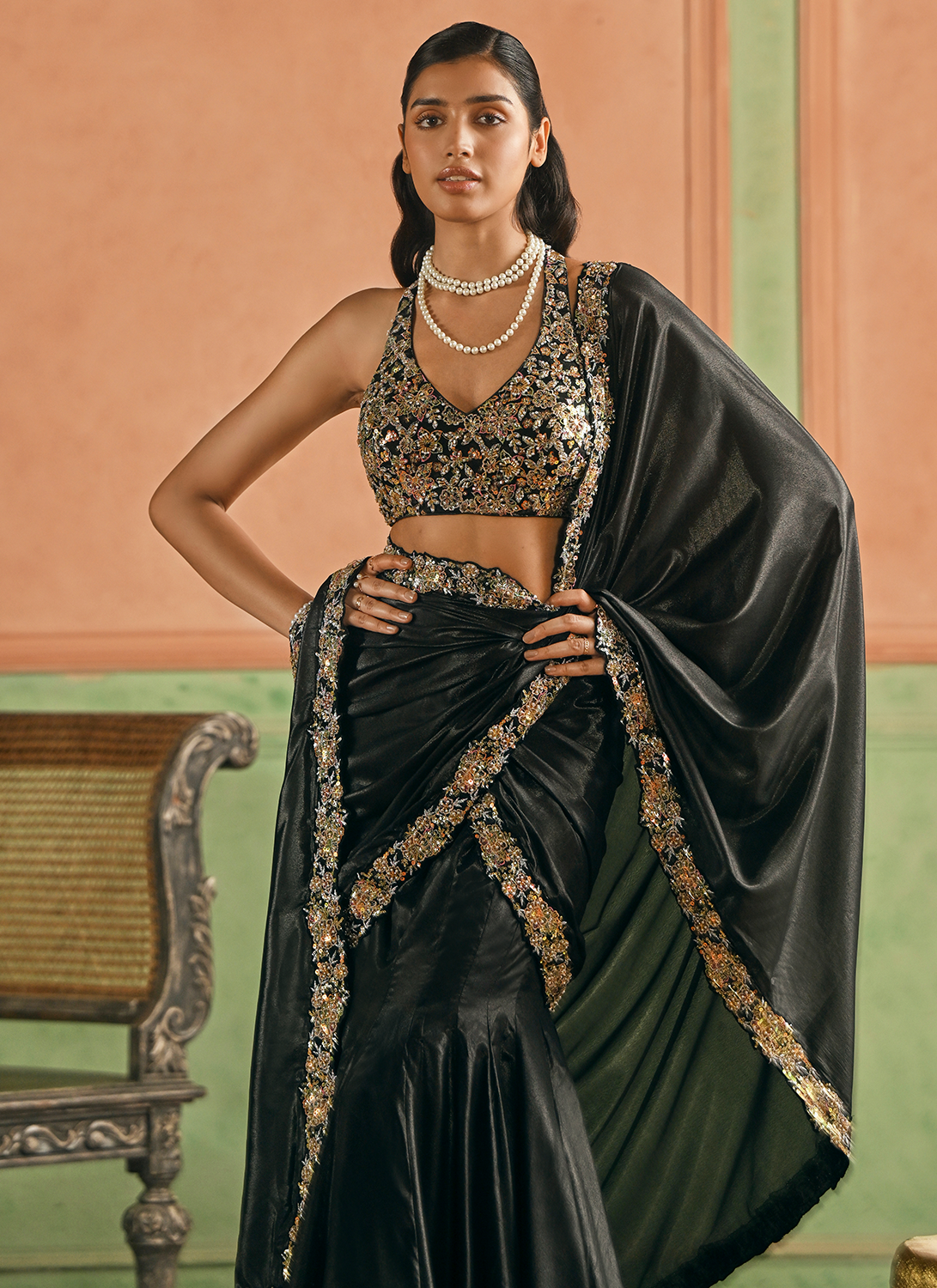 Black Embroidered Silk Saree