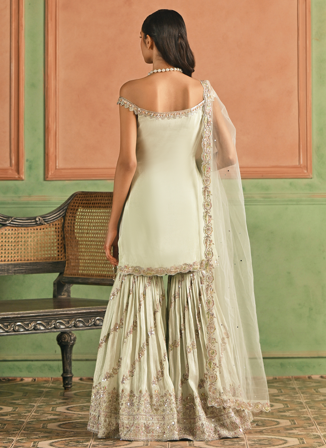 Soft Mint Embroidered Viscose Gharara