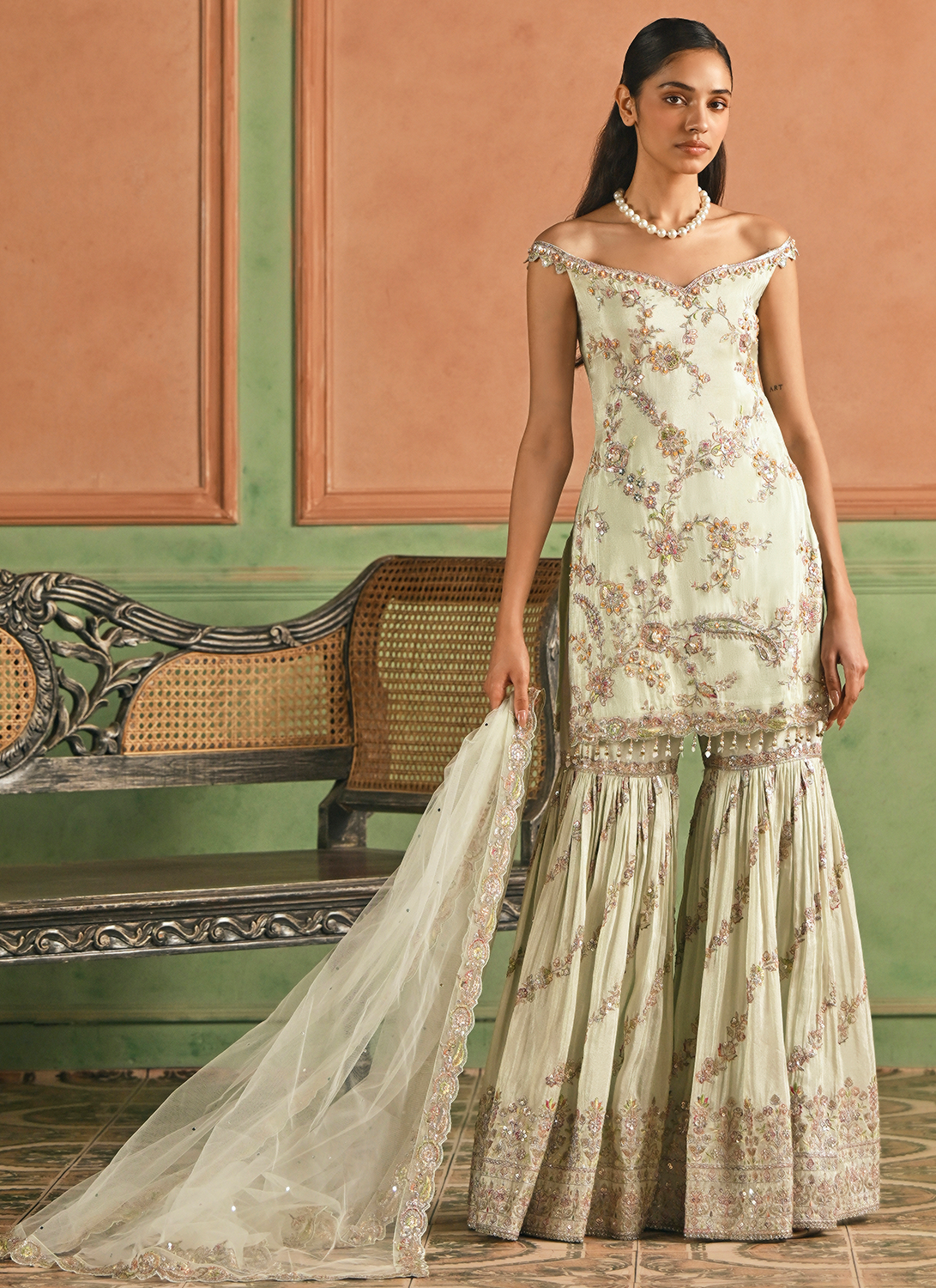 Soft Mint Embroidered Viscose Gharara