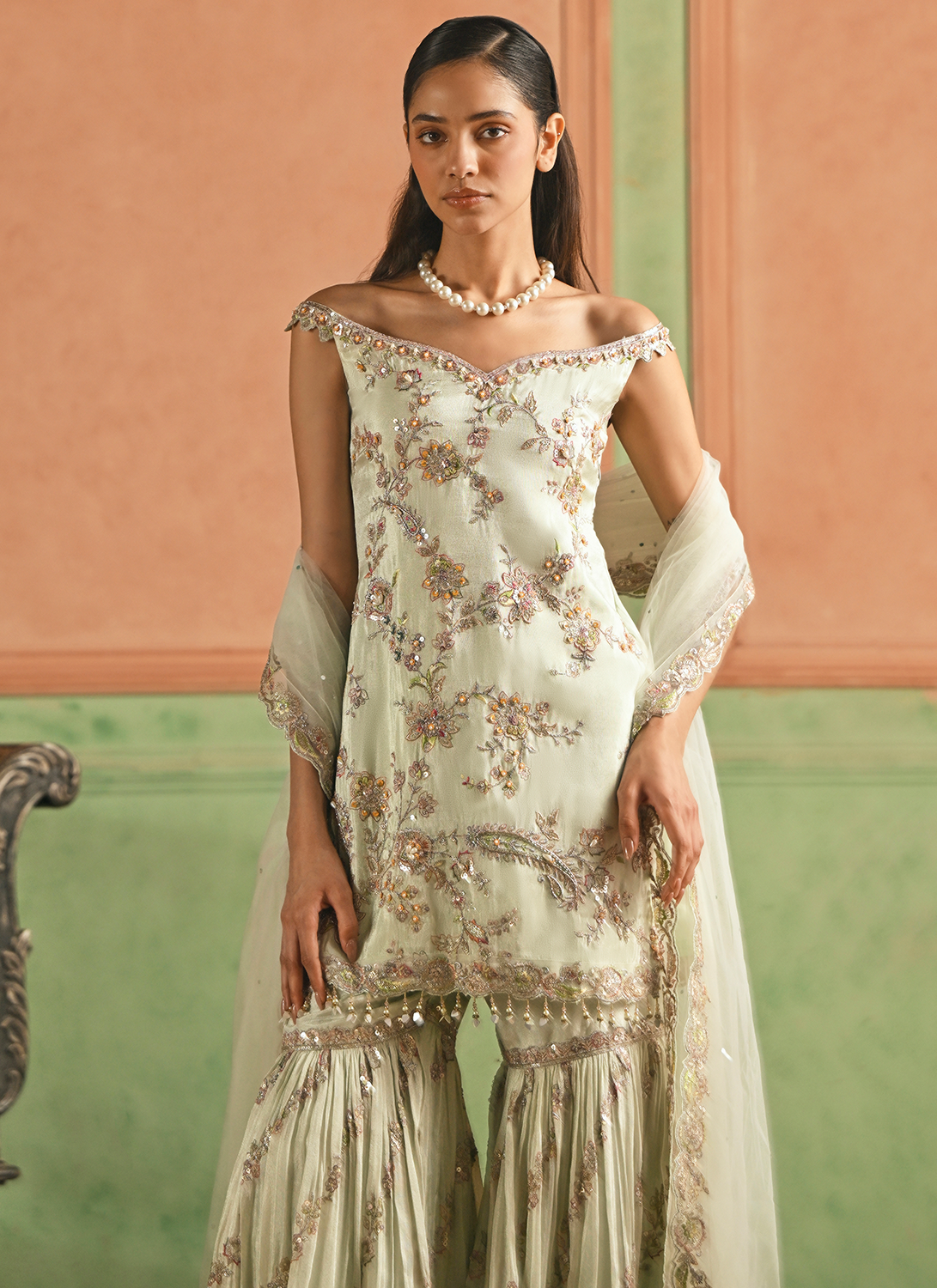 Soft Mint Embroidered Viscose Gharara