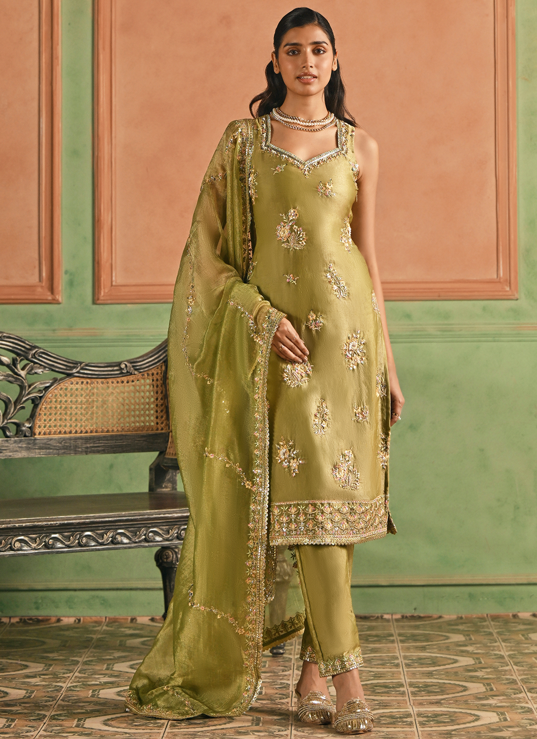 Dusty Green Embroidered Satin Straight Suit