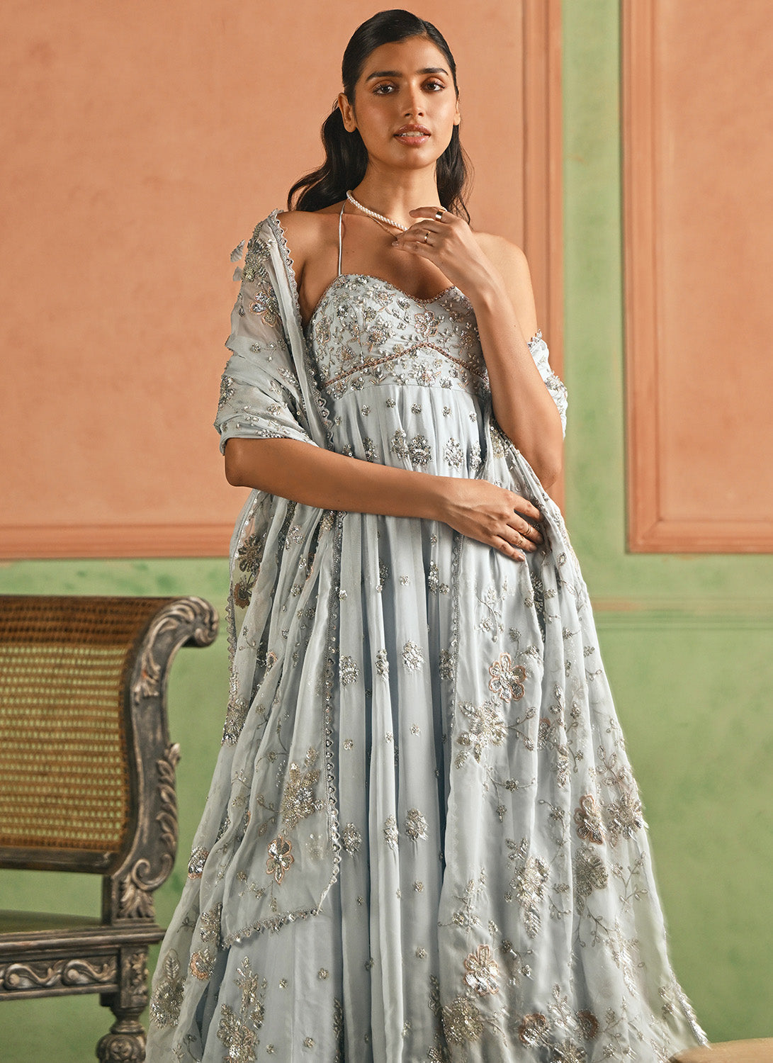 Sky Blue Embroidered Organza Anarkali