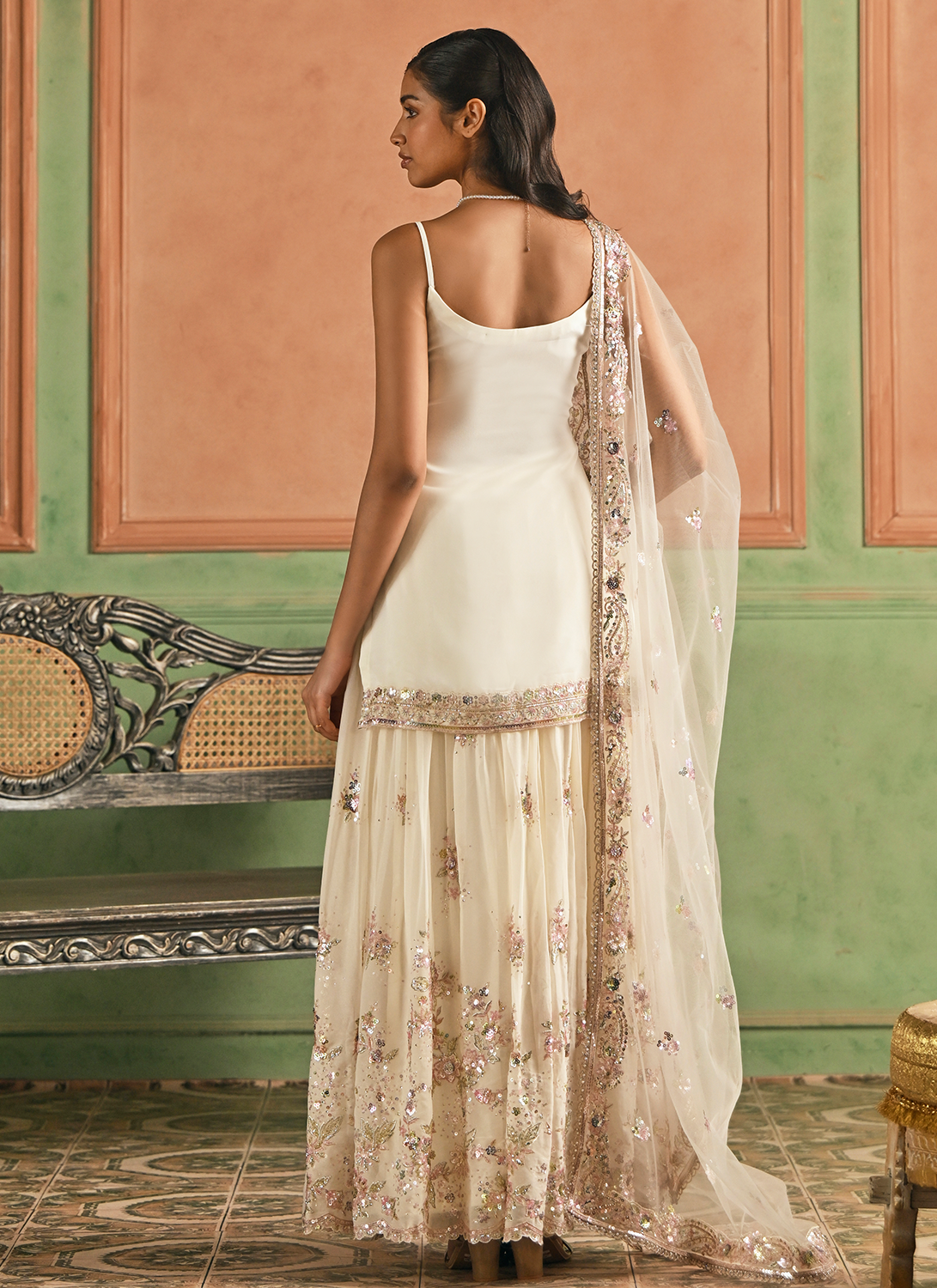 Off White Embroidered Georgette Sharara