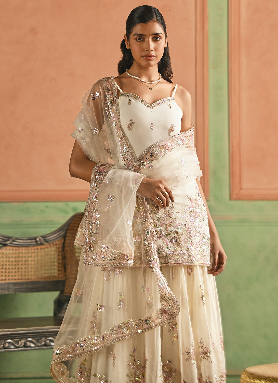 Off White Embroidered Georgette Sharara