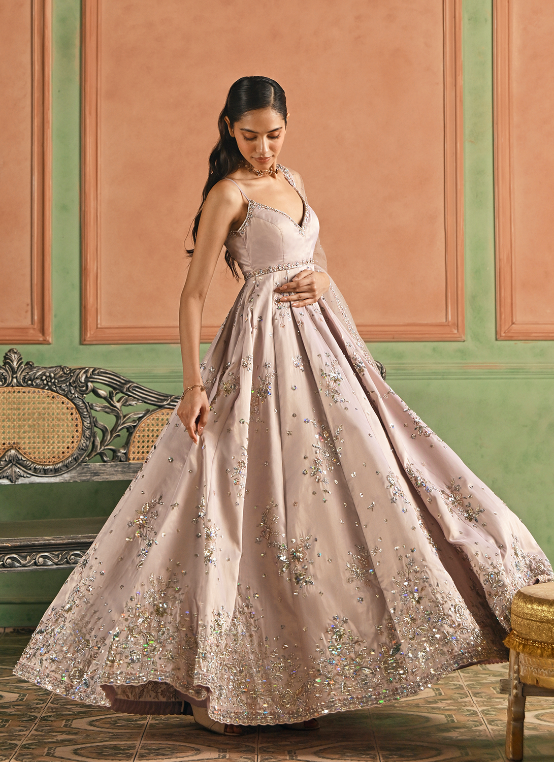 Dusty Mauve Embroidered Tissue Anarkali