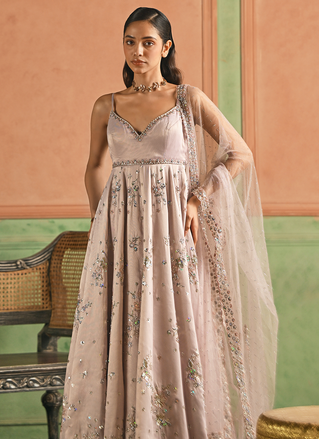 Dusty Mauve Embroidered Tissue Anarkali