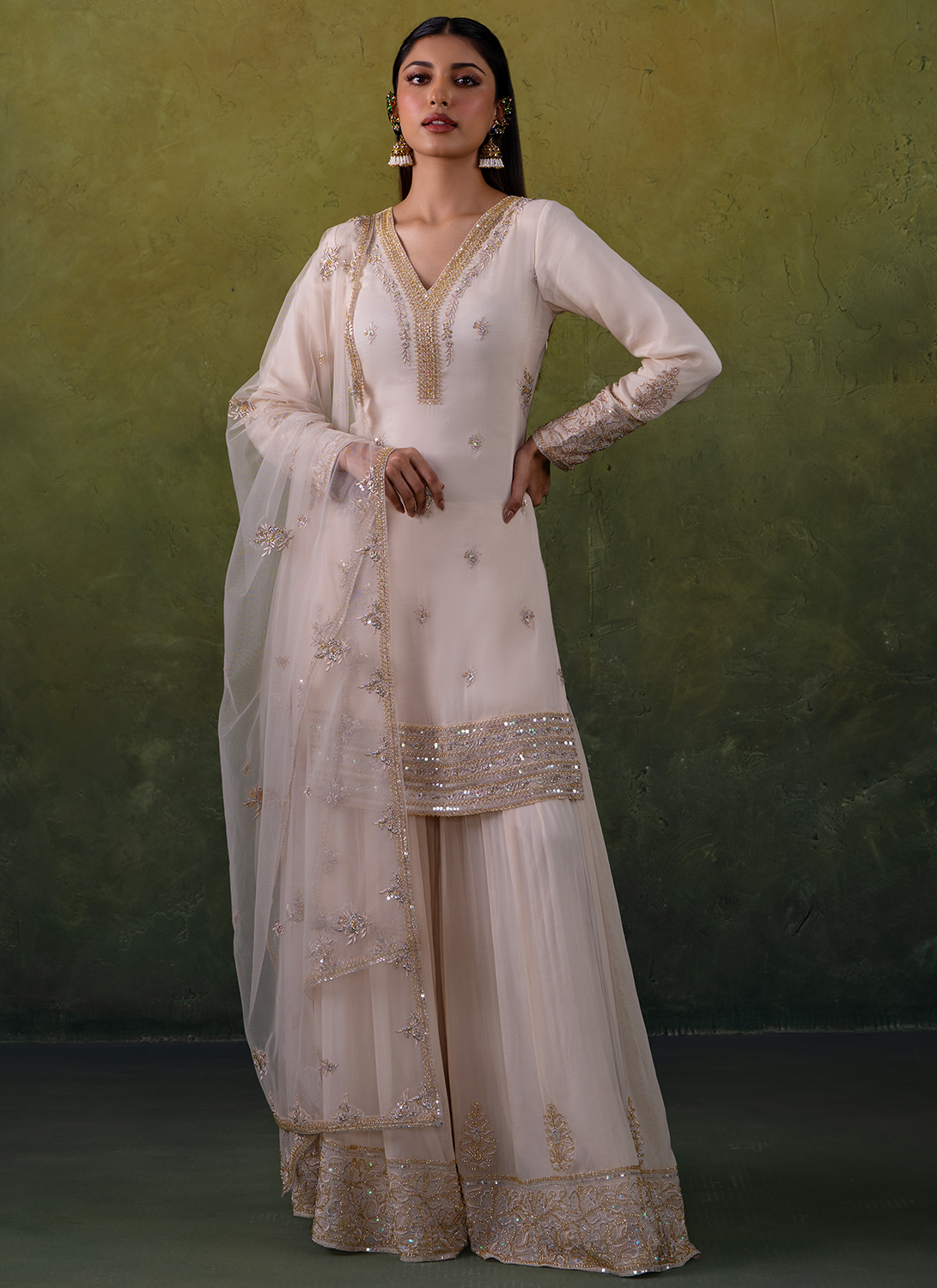 Ivory Embroidered Pure Organza Sharara Suit