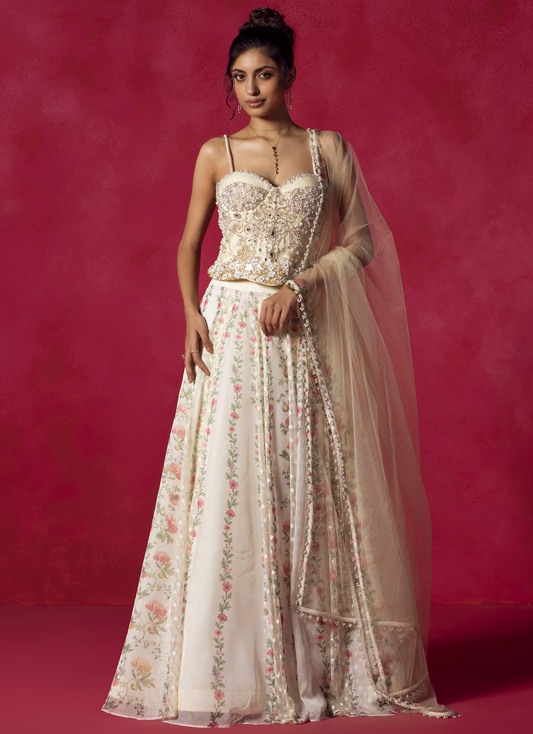 Ivory Floral Embroidered Silk Lehenga