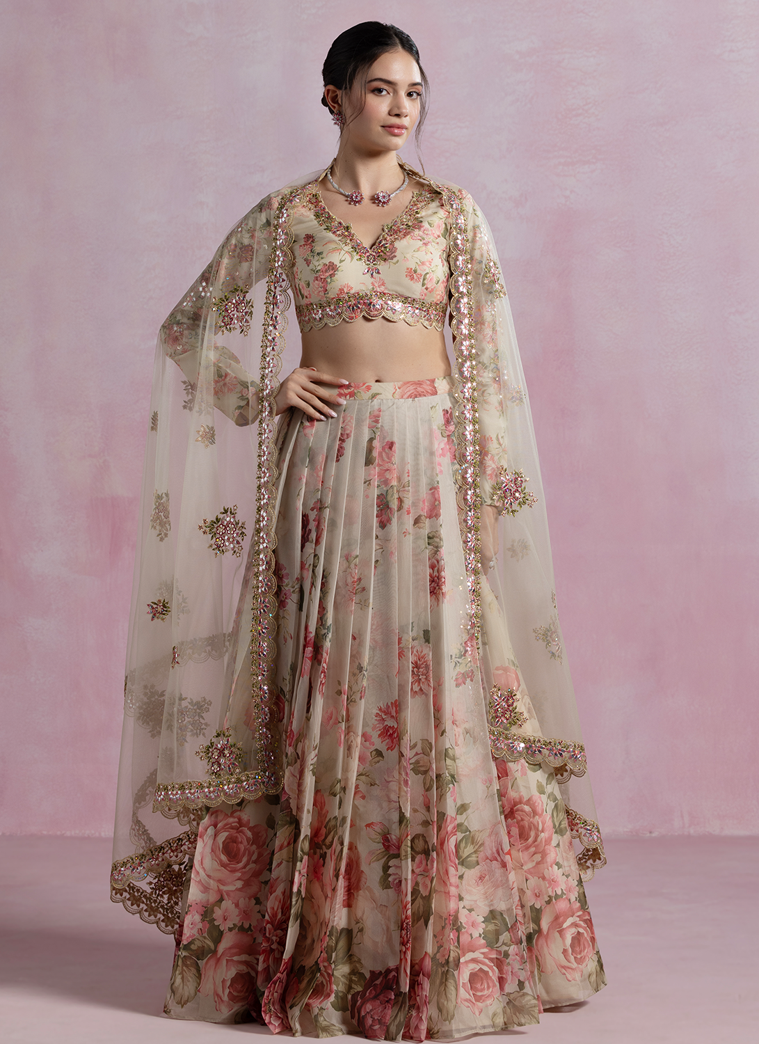 Soft Taupe Multicolor Floral Printed Organza Lehenga