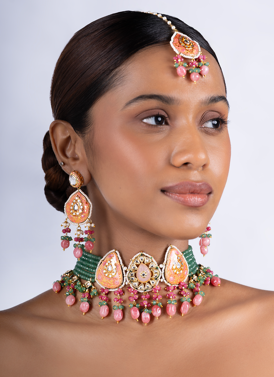 Peach and Mint Green Meenakari Choker Set
