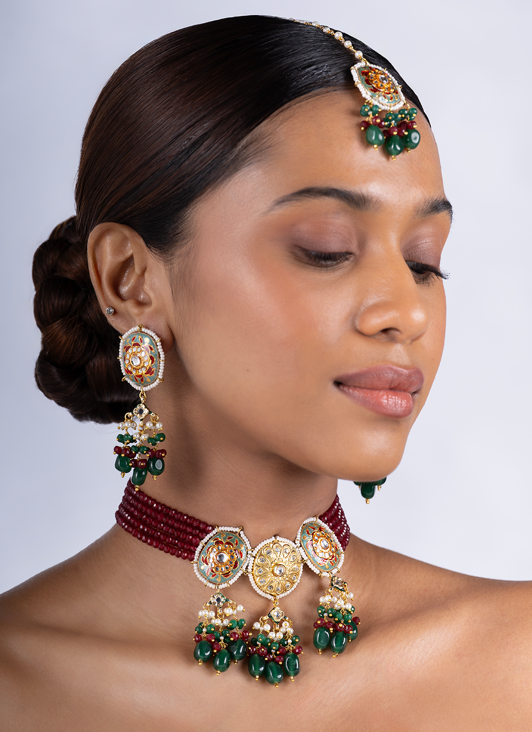 Ruby and Emerald Beaded Choker Set