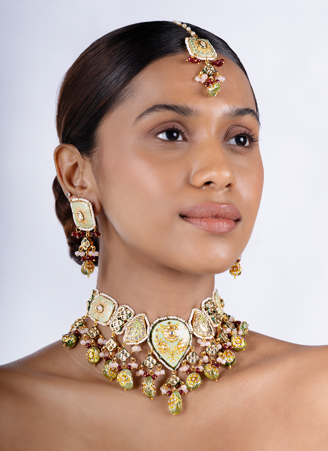 Light Green and Ruby Meenakari Necklace Set