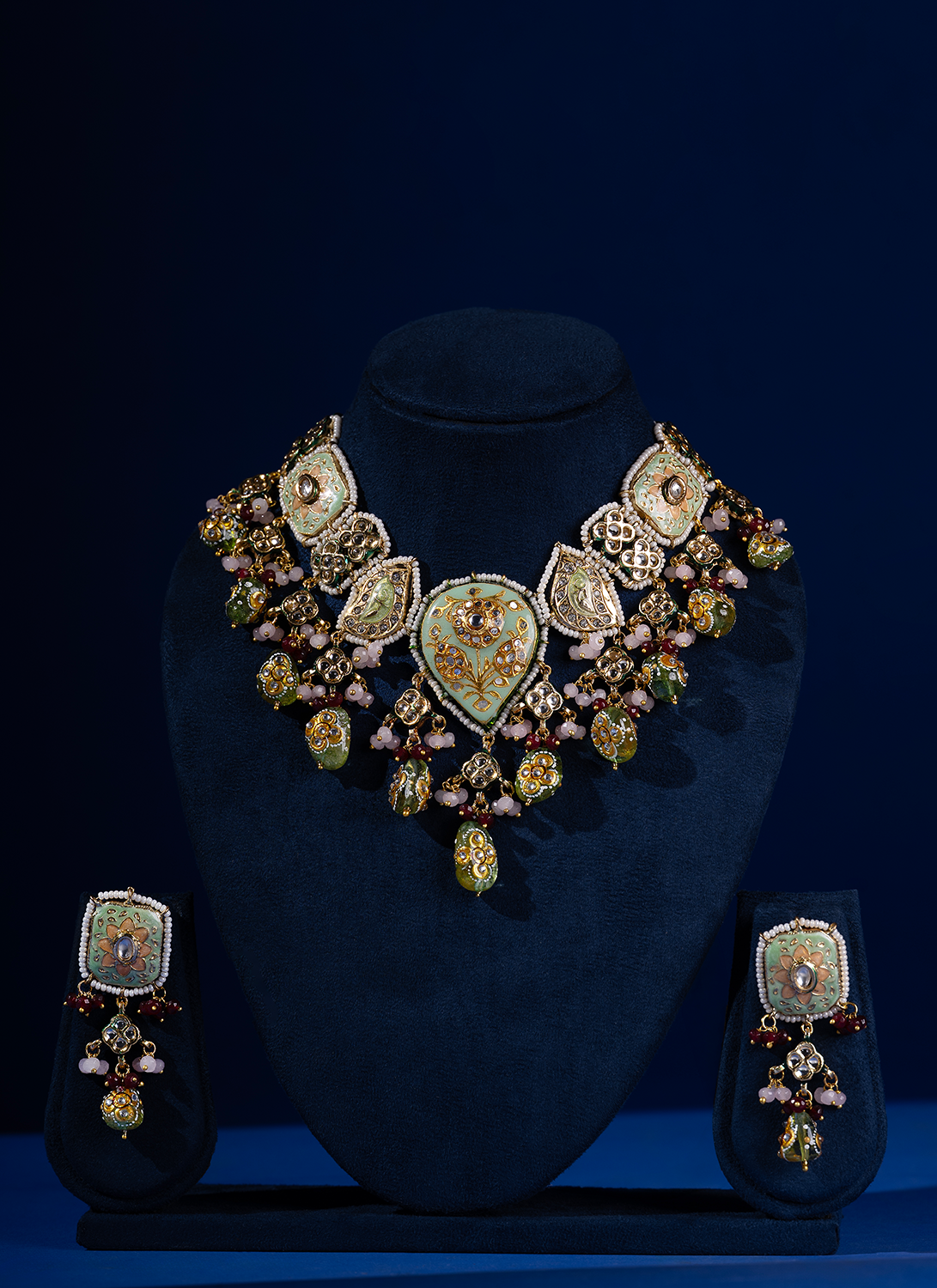 Light Green and Ruby Meenakari Necklace Set