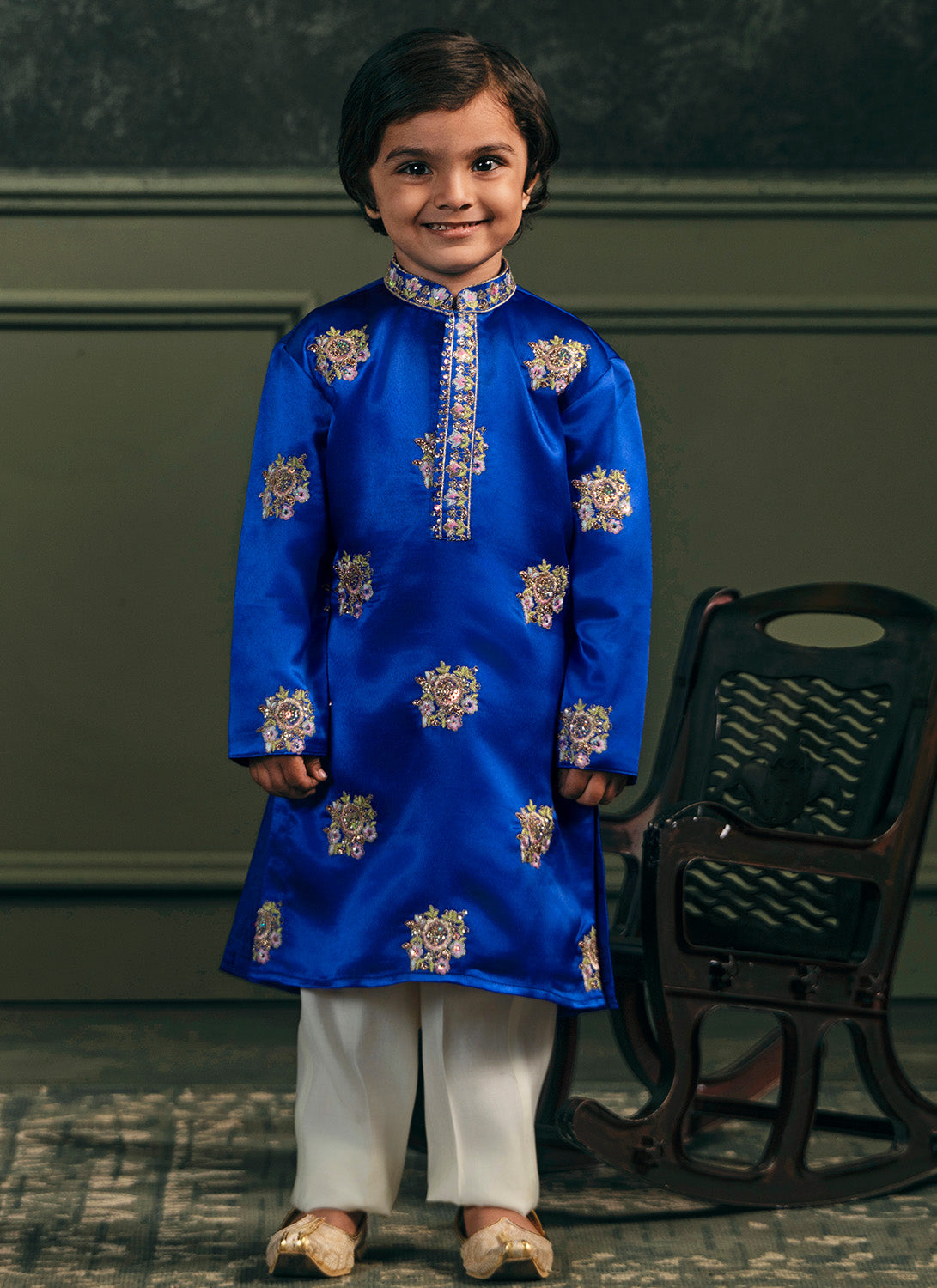 Kids Royal Blue Embroidered Satin Kurta Set
