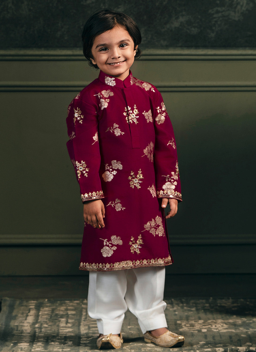Kids Wine Embroidered Brocade Kurta Set